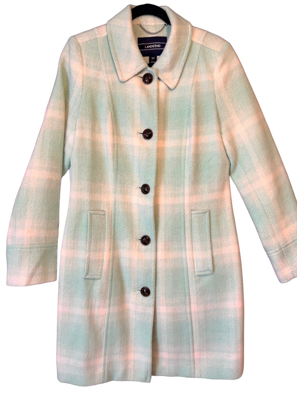 Lands' End Women's Pastel Plaid Wool-Blend Coat - Mint/White